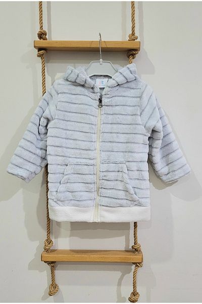Alpar Tekstil Hooded Plush Welsoft Girl-Boy-Baby Cardigan-Jacket / White Striped