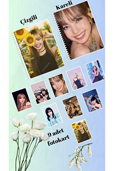 animeandyourworld lisa blackpink defter 2 adet çizgili ve kareli + 9 adet fotokart seti