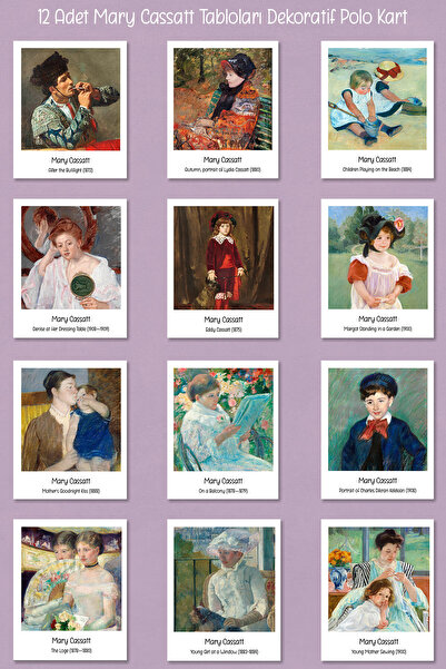 Runrux لوحات ماري كاسات 12 بطاقة بولو مزخرفة - بطاقات ملصقات فنية