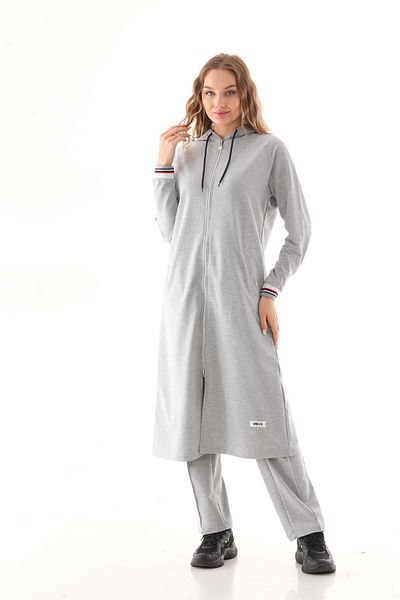 Elif Okur Hooded Hijab Tracksuit Set Long Tracksuit 115cm Gray 5007