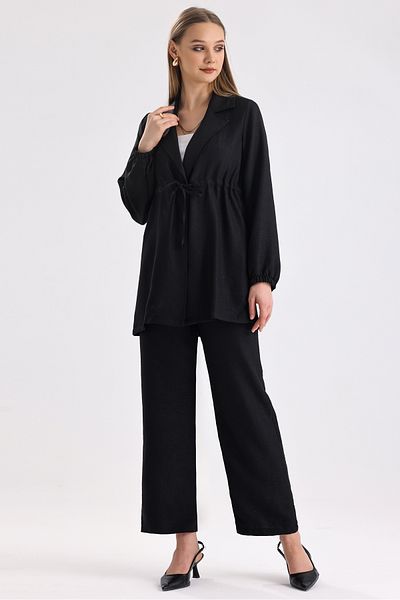 MD trend Women's Waist Drawstring Lace-up Oversize Tunic and Wide Leg Trousers Double Linen Set
