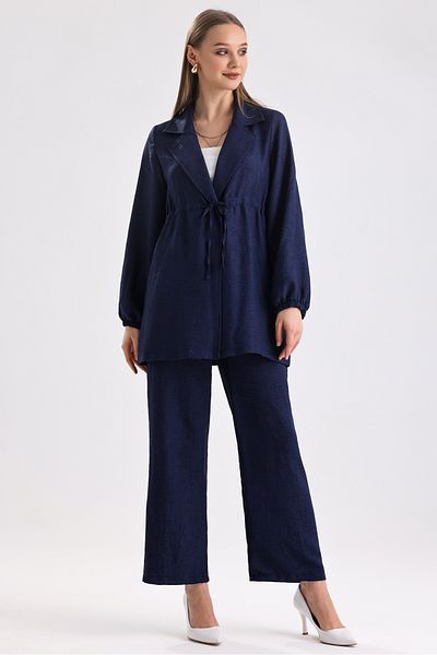 MD trend Women's Waist Drawstring Lace-up Oversize Tunic and Wide Leg Trousers Double Linen Set