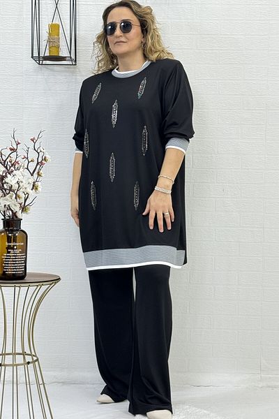 yagmurberen CRYSTAL 2 THREAD LYCRAL FABRIC STONE EMBROIDERY DETAIL EXTRA LARGE SIZE TUNIC PANTS DOUBLE SET