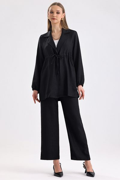 MD trend Women's Waist Drawstring Lace-up Oversize Tunic and Wide Leg Trousers Double Linen Set