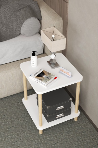 Evnalia 35x35 cm Kare İki Katlı Ahşap Komodin Çok Amaçlı Sehpa Yatak Odası Ba...