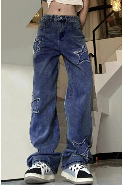 Violon Y2k Mavi Kot Star Yıldız Patch Baggy Jean Unisex Oversize Straight Fit Pantolon