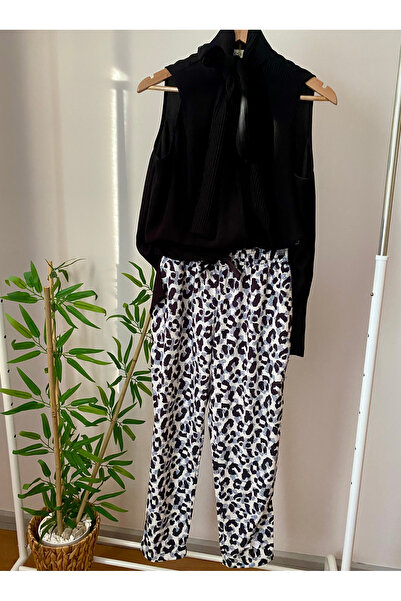 Leopar Desenli Beli Lastikli İnce Pantolon