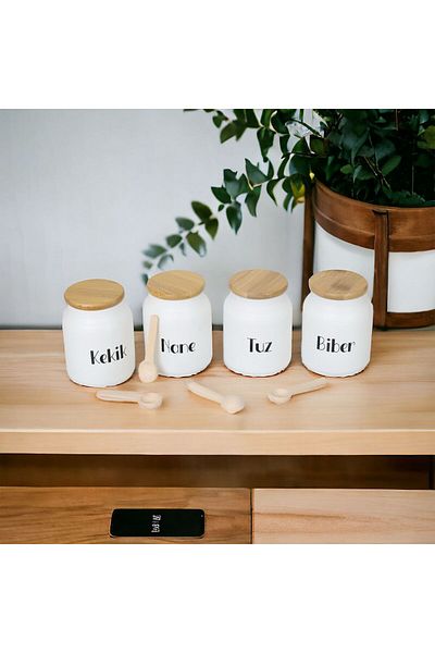 Akkoyunlu home 4-Piece Glass Spice Jar Set with Bamboo Lid and Spoon (Tea, Coffee, Sugar) 300ml