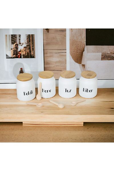 Akkoyunlu home 4-Piece Glass Spice Jar Set with Bamboo Lid and Spoon (Tea, Coffee, Sugar) 300ml