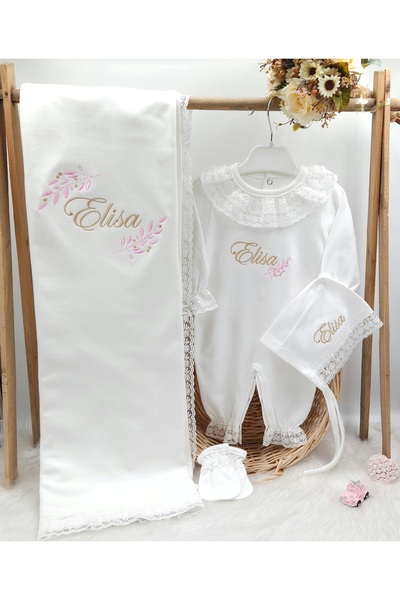 gros shop Yeni Doğan Dantelli 4'lü Hastane Çıkış Tulum Seti Ve Battaniyesi (K...