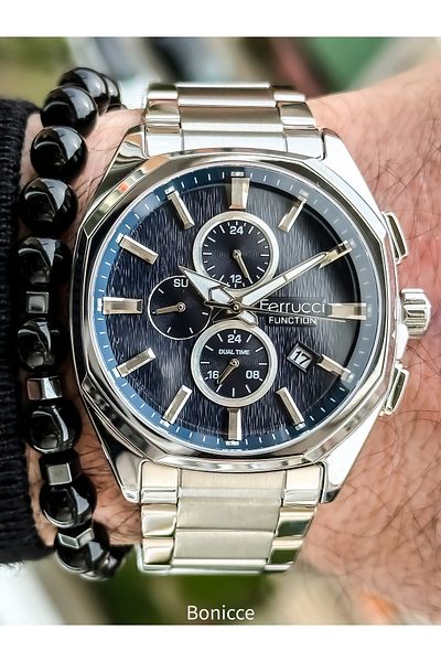 Ferrucci Functions Active Steel Band, Silver Color, Navy Blue Dial, Men's Wrist Watch Bracelet with Calendar