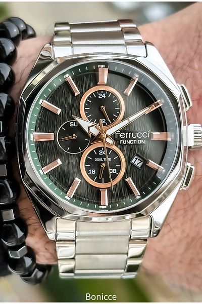 Ferrucci Functions Active Steel Band, Silver Color, Green Dial, Men's Wrist Watch Bracelet with Calendar