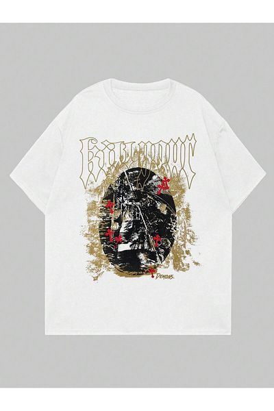 Jose Clothing Μπλουζάκι Unisex Λευκό εμπριμέ από οργανικό βαμβάκι Oversize κοντό μανίκι