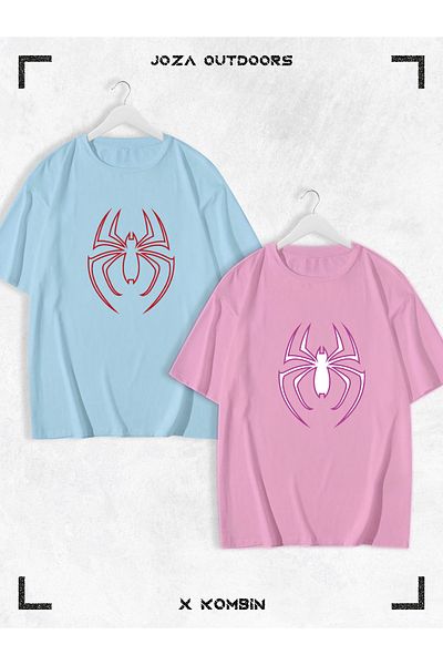 Joza Outdoors Γυναικεία Ανδρικά Unisex Spider Printed Lover Couple Combination Oversize πολύχρωμο μπλουζάκι Σετ 2 τεμαχίων