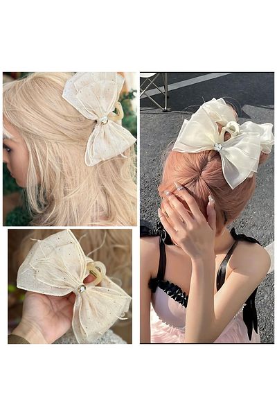 QUEEN AKSESUAR Imported luxury coarse large giant organza tulle bow feathered stone clothespin clip buckle beige cream color