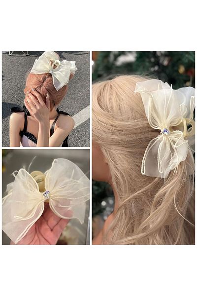QUEEN AKSESUAR Imported Luxury Large Big Giant Organza Tulle Bow Feathered Rhinestone Clothespin Clip Buckle Beige Cream White