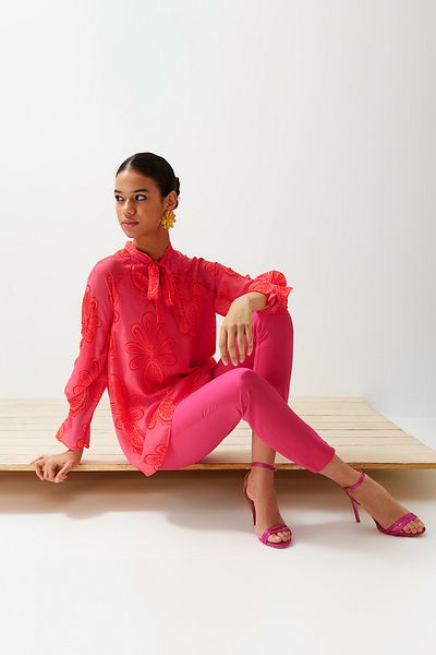 Trendyol Modest Pink Lined Chiffon Patterned Woven Tunic TCTSS24UK00026