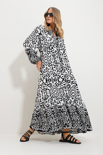 Trend Alaçatı Stili Dámské černé šaty s límcem se vzorem v maximální délce Alc-X11593