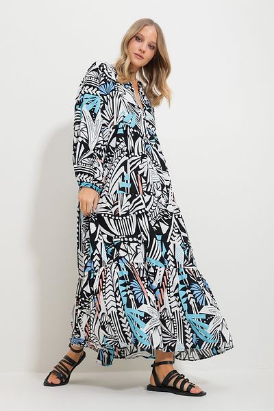 Trend Alaçatı Stili Women's Black-White Chief Collar Shawl Patterned Maxi Length Dress Alc-X11593