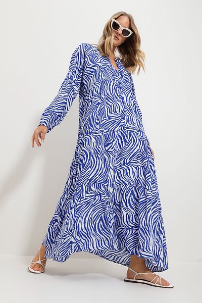 Trend Alaçatı Stili Women's Saks Chief Collar Shawl Patterned Maxi Length Dress Alc-X11593