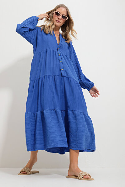 Trend Alaçatı Stili Dámské saks zvětšovací límec s vlastní texturou, šaty s maximální délkou Alc-X11754