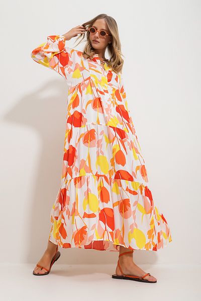 Trend Alaçatı Stili Women's Orange Judge Collar Shawl Patterned Maxi Length Dress Alc-X11593