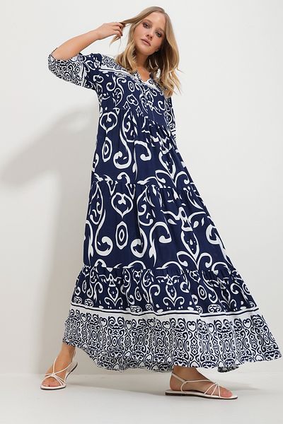 Trend Alaçatı Stili Women's Navy Blue Front Laced Patterned Woven Viscose Dress Alc-X11595
