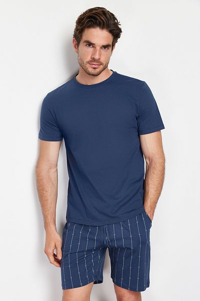 Trendyol Collection Navy Printed Regular Fit Pletené šortky Pyžamo Set TMNSS24PT00025