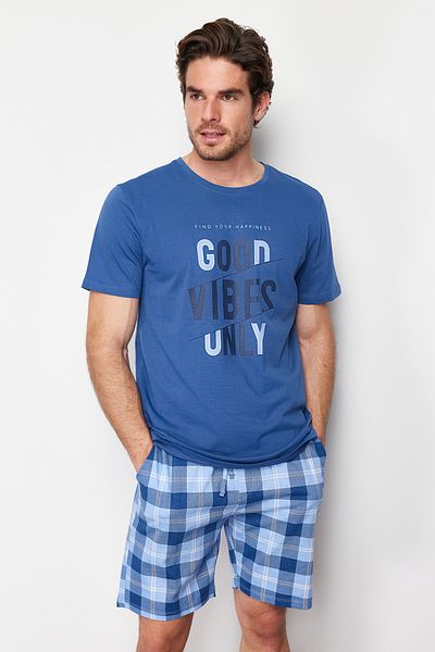 Trendyol Collection Set de pijamale cu pantaloni scurți tricotați, în carouri, de culoare normală, indigo TMNSS24PT00026