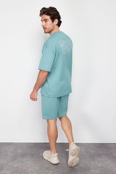 Trendyol Collection Mint Oversize nyomott kötött pizsama szett rövidnadrággal TMNSS24PT00010