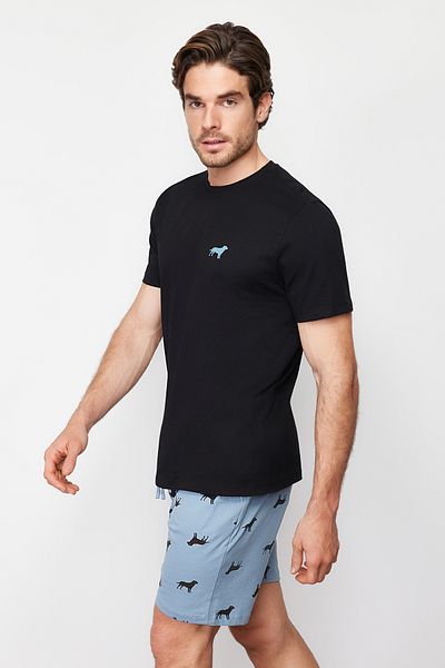 Trendyol Collection Modrá sada pleteného letního pyžama Regular Fit s šortkami TMNSS24PT00023