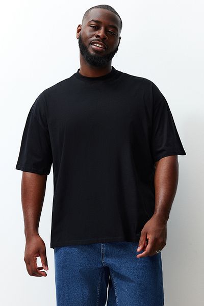 Trendyol Collection Μπλουζάκι μεγάλου μεγέθους Μαύρο Oversize/Wide Cut Άνετο εμπριμέ 100% βαμβάκι TMNSS24BF00054