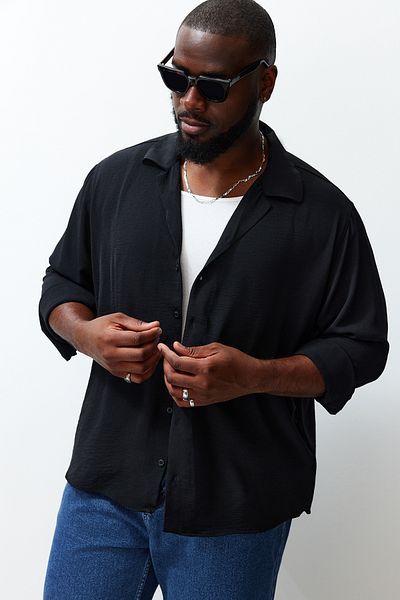 Trendyol Collection Plus Size Black Apache Collar Linen Look Summer Shirt - TMNSS24AX00012