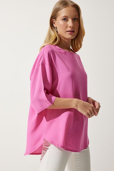 Happiness İstanbul Damenbluse aus fließender Viskose in Rosa mit Rundhalsausschnitt RC00152