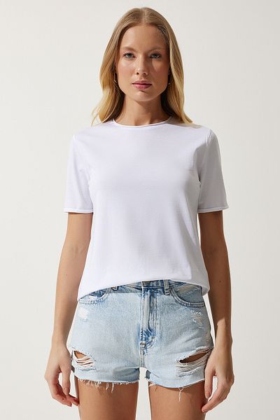 Happiness İstanbul Weißes Basic-Strick-T-Shirt mit Rundhalsausschnitt für Damen, UB00229