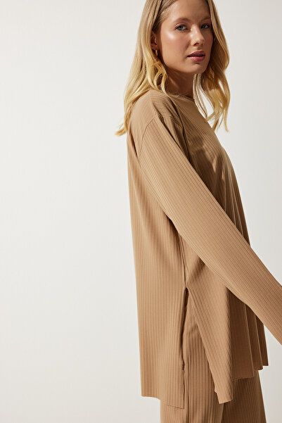 Happiness İstanbul Damen-Set mit schnurgebundener Strickbluse und Hose in Biscuit KH00088