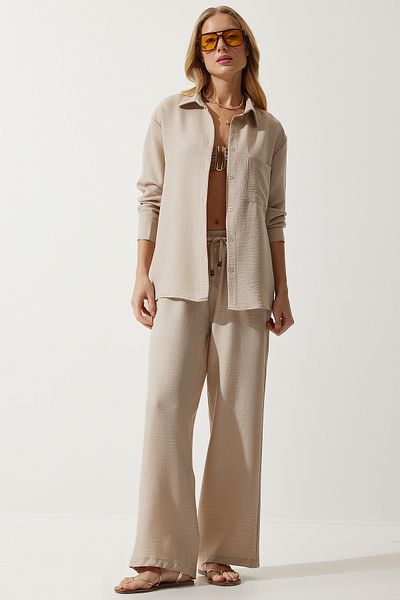 Happiness İstanbul Women's Beige Oversize Shirt Loose Pants Set MP00025