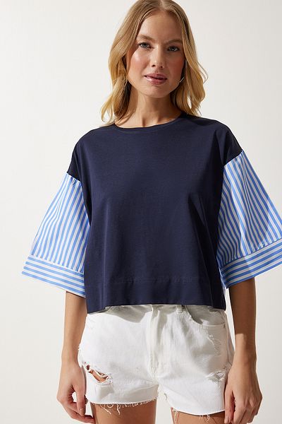 Happiness İstanbul Women's Navy Blue Color Block Combed Poplin Blouse RC00151