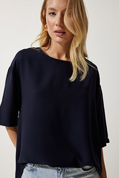 Happiness İstanbul Női sötétkék nyakú, folyós viszkóz blúz RC00152