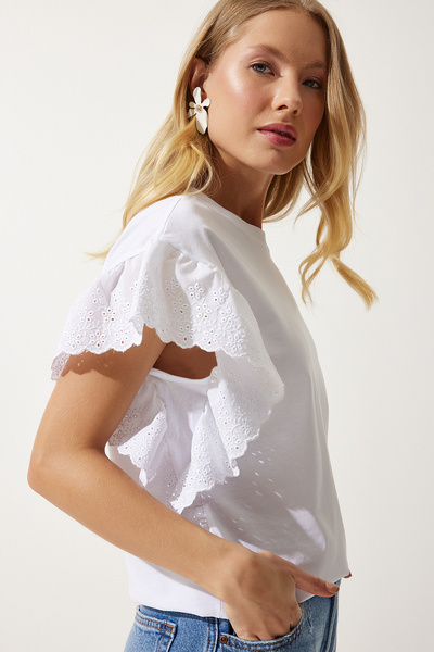 Happiness İstanbul Γυναικεία Πλεκτή Μπλούζα Λευκή Σκάλοπ BF00093