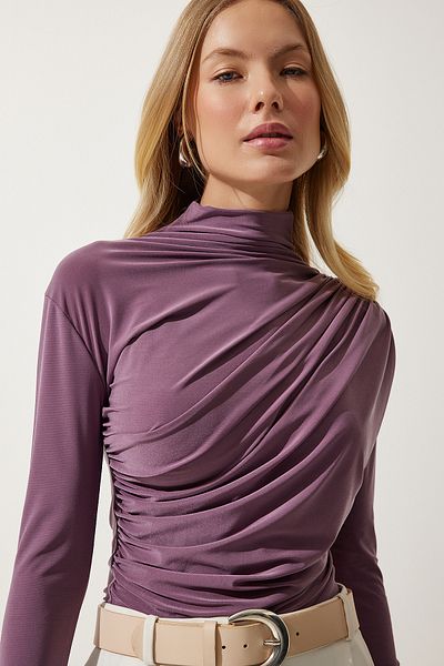 Happiness İstanbul Lila Sandy Bluse mit Stehkragen und Kordelzug für Damen FF00135