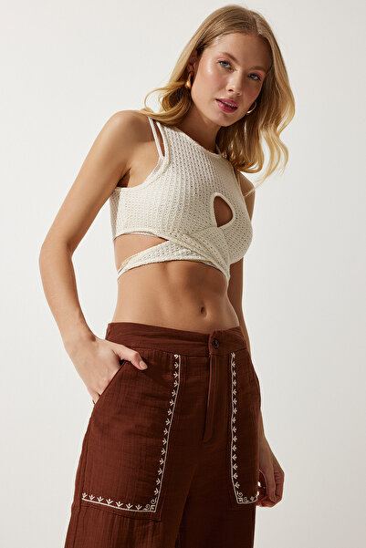 Happiness İstanbul Women's Brown Embroidery Detailed Muslin Trousers SF00019