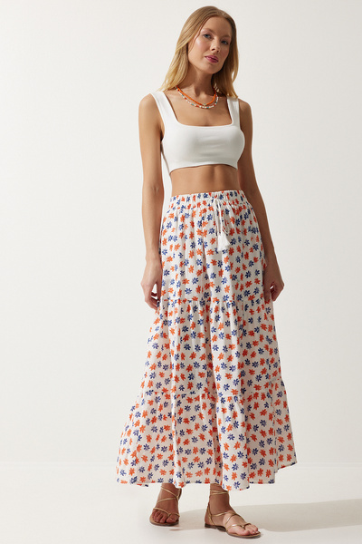Happiness İstanbul Dámska ecru oranžová letná ľanová sukňa s kvetinovým vzorom RG00016