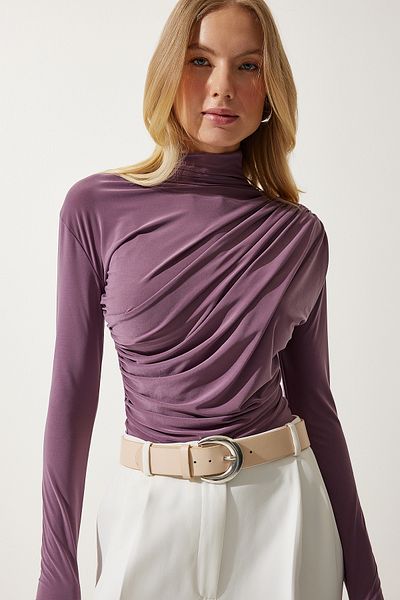 Happiness İstanbul Lila Sandy Bluse mit Stehkragen und Kordelzug für Damen FF00135