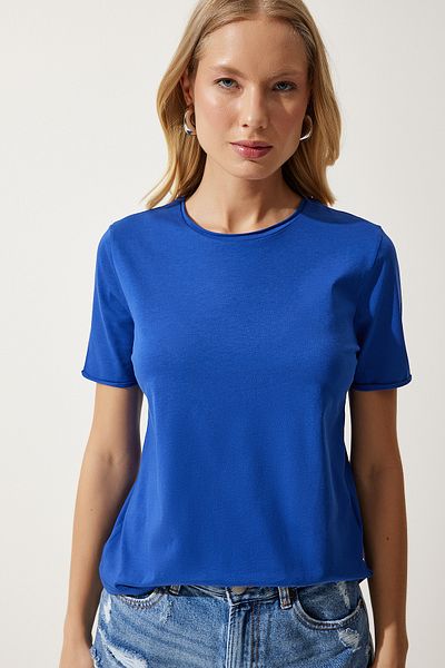 Happiness İstanbul Dámské modré pletené tričko Crew Neck Basic UB00229