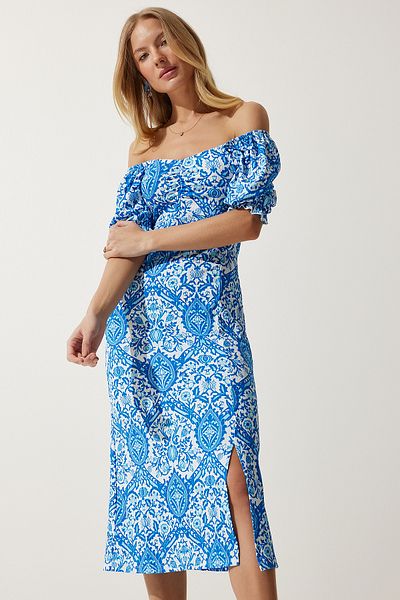 Happiness İstanbul Blau-weißes elastisches Sommerkleid für Damen mit Carmen-Kragen – MC00172