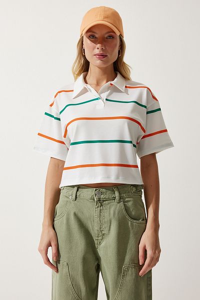 Happiness İstanbul Dámské krátké pletené tričko Ecru Orange Polo s límcem HF00454
