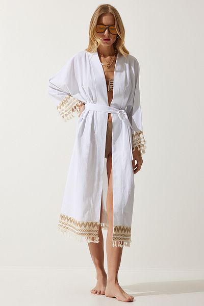 Happiness İstanbul Dámské bílé střapcové Guipure Detailed Long Linen Kimono OH00042