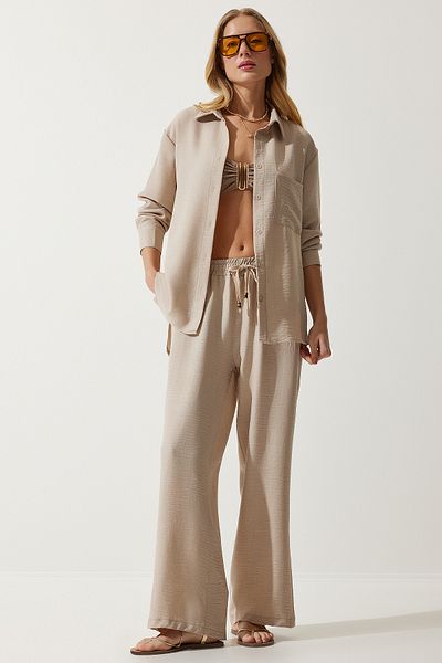 Happiness İstanbul Women's Beige Oversize Shirt Loose Pants Set MP00025