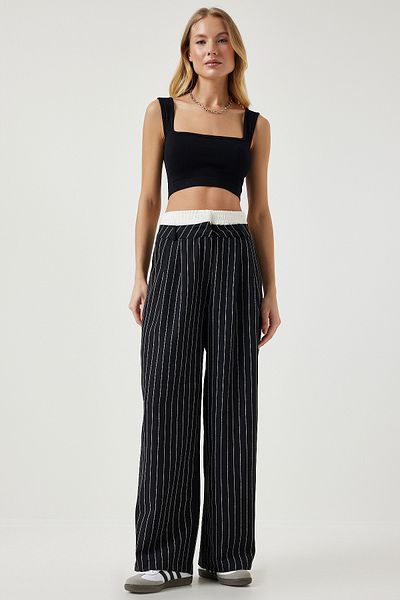 Happiness İstanbul Schwarze Webhose mit Streifenmuster und Kontrastbund für Damen CI00104